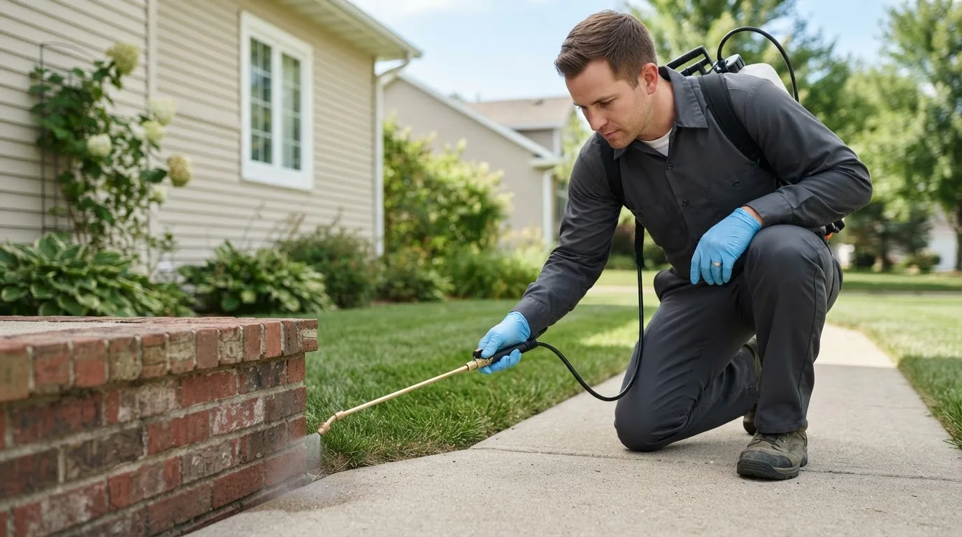 Pest control technician treating a home near Elmore City, OK