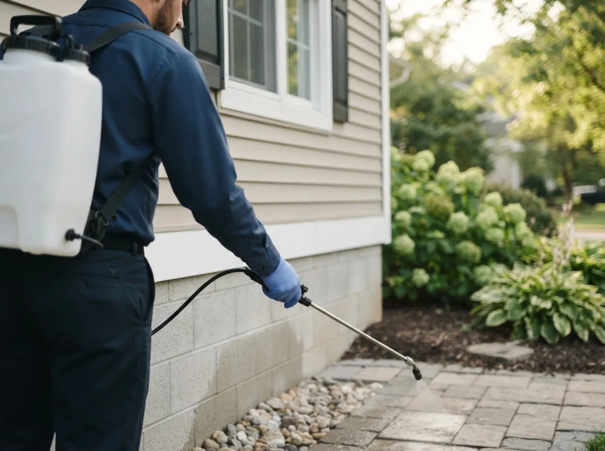 Pest control technician inspecting a home in Elmore City, OK